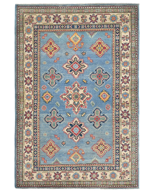 4x6 Blue Kuba Afghan Hand Knotted Wool Area Rug